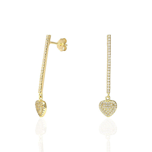 White Yellow Gold Over 925 Silver Pave CZ Pushback Bar  Heart Earrings