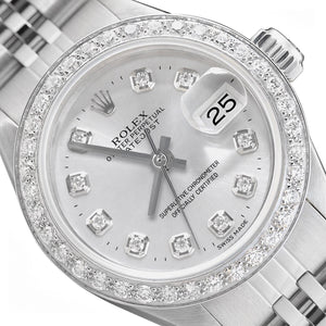 26mm Rolex Datejust 69173 Diamond Bezel Silver Dial Steel Women's Watch