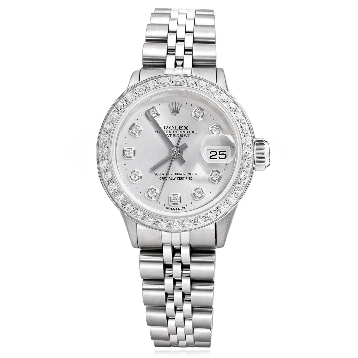 26mm Rolex Datejust 69173 Diamond Bezel Silver Dial Steel Women's Watch