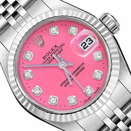 Rolex Datejust 69174 26mm Love Pink Dial Fluted Gold Bezel Steel Women's Watch