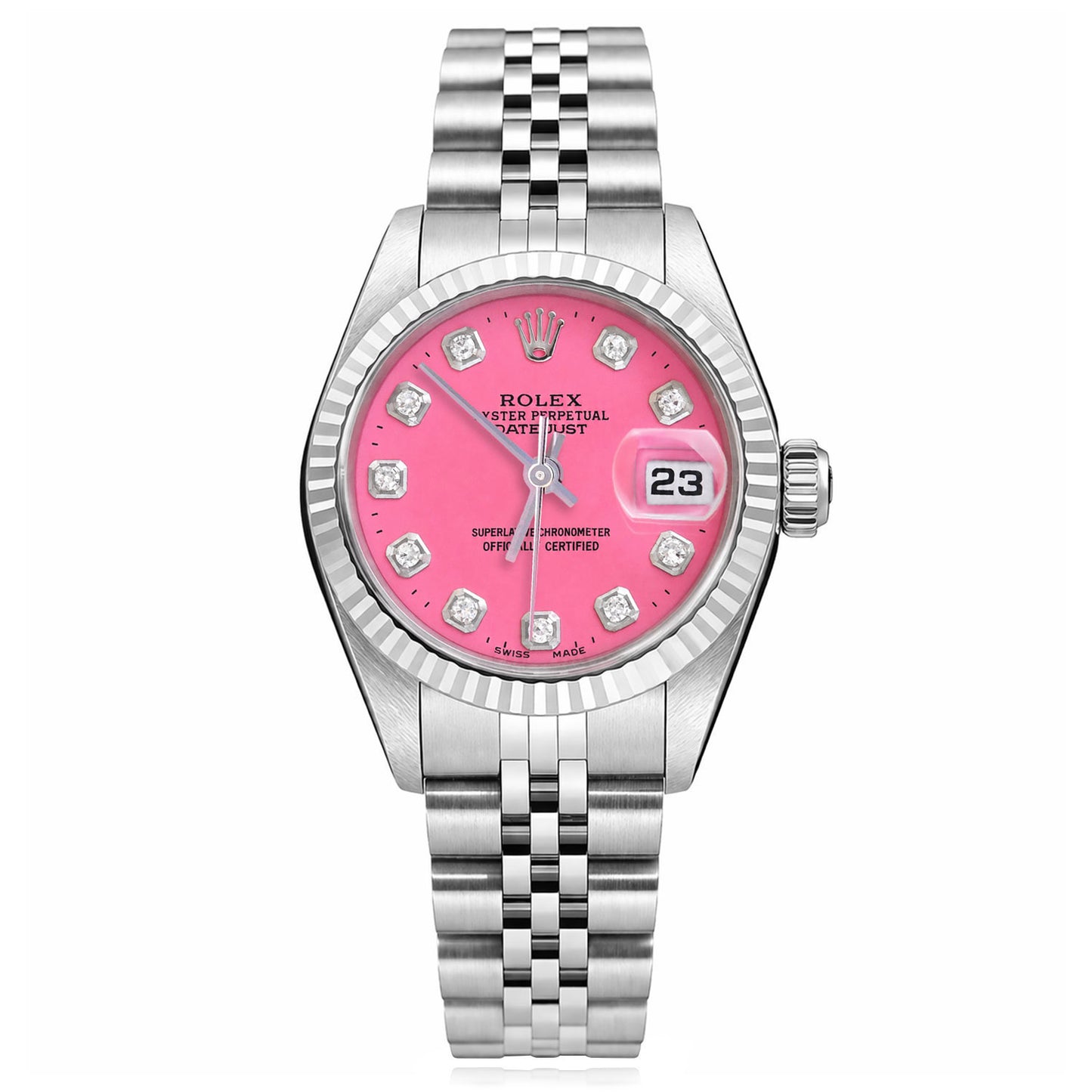 Rolex Datejust 69174 26mm Love Pink Dial Fluted Gold Bezel Steel Women's Watch