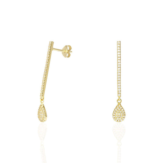 White Yellow Gold Over 925 Silver Pave CZ Pushback Bar  Teardrop Earrings
