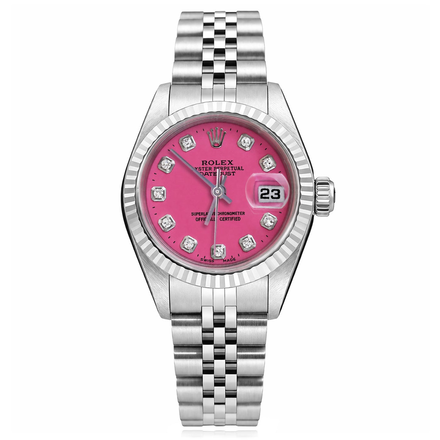 Rolex Datejust 69174 26mm Dark Pink Dial Fluted Gold Bezel Steel Women's Watch