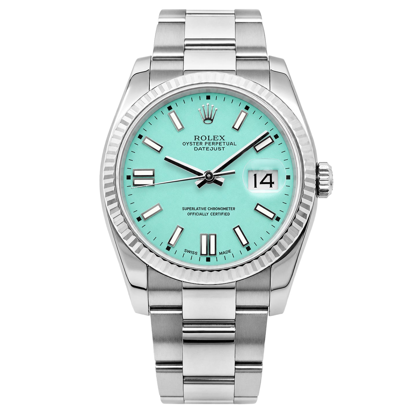 Rolex Datejust 36mm 16014 18K Gold Fluted Bezel Turquoise Dial Oyster Band Watch