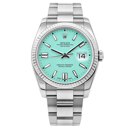 Rolex Datejust 36mm 16014 18K Gold Fluted Bezel Turquoise Dial Oyster Band Watch