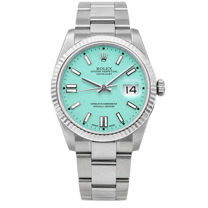 Rolex Datejust 36mm 16014 18K Gold Fluted Bezel Turquoise Dial Oyster Band Watch