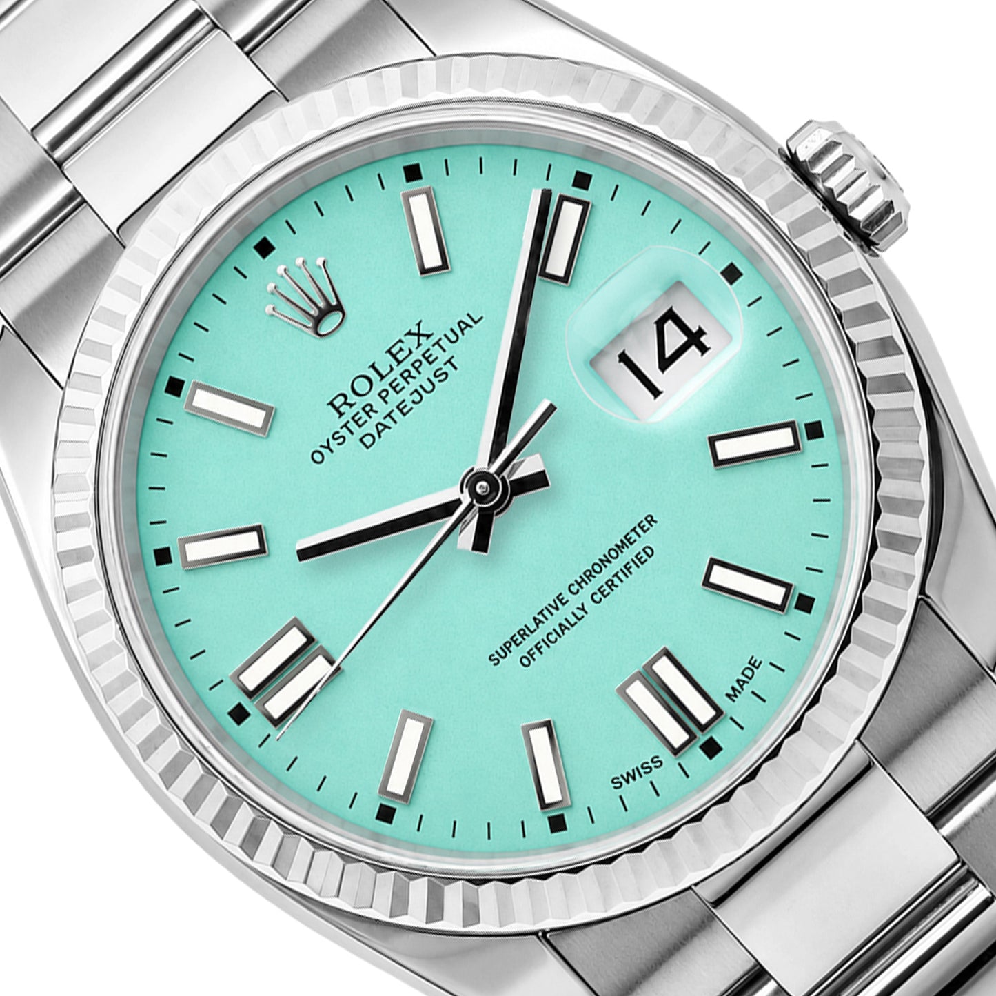 Rolex Datejust 36mm 16014 18K Gold Fluted Bezel Turquoise Dial Oyster Band Watch