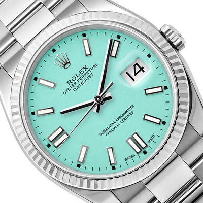 Rolex Datejust 36mm 16014 18K Gold Fluted Bezel Turquoise Dial Oyster Band Watch