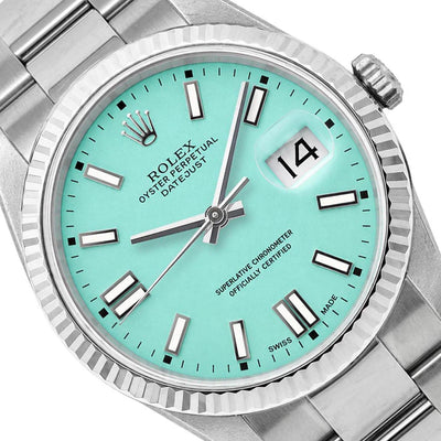 Rolex Datejust 36mm 16014 18K Gold Fluted Bezel Turquoise Dial Oyster Band Watch