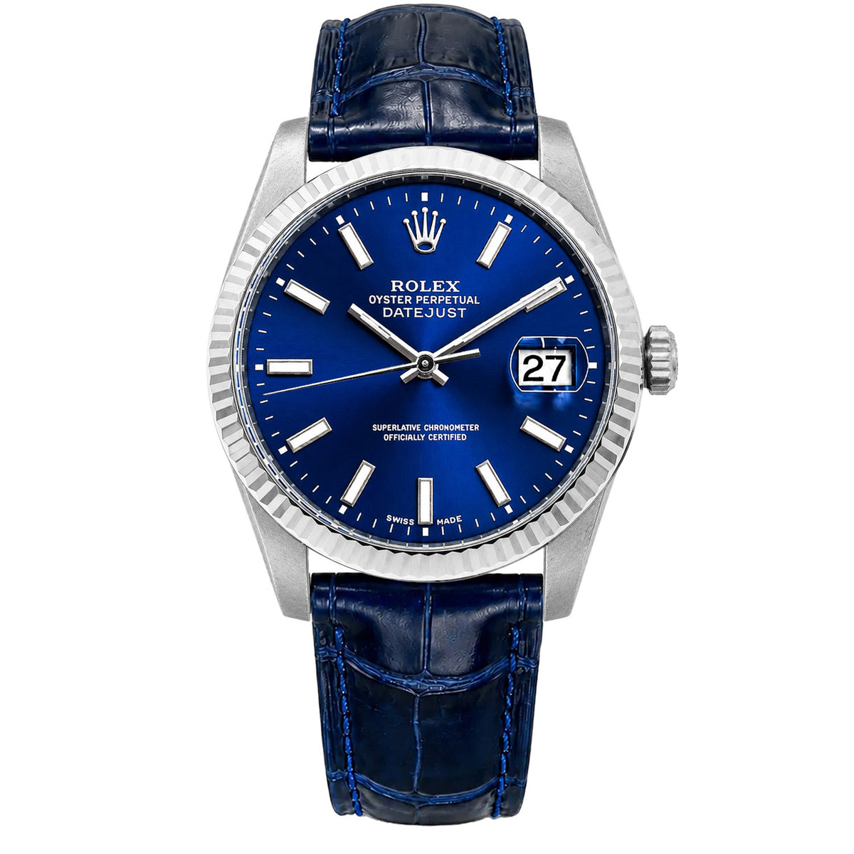 36mm Rolex Datejust 16014 Blue Dial 18K White Gold Bezel Blue Leather Band Watch