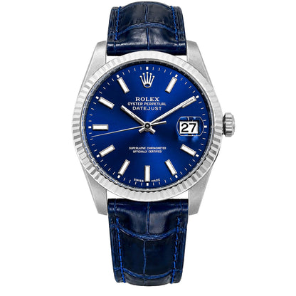 36mm Rolex Datejust 16014 Blue Dial 18K White Gold Bezel Blue Leather Band Watch