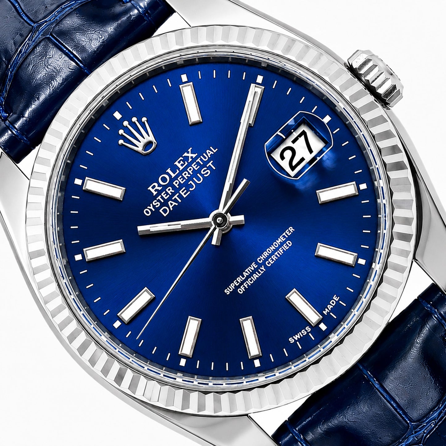 36mm Rolex Datejust 16014 Blue Dial 18K White Gold Bezel Blue Leather Band Watch