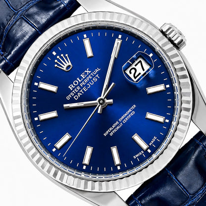 36mm Rolex Datejust 16014 Blue Dial 18K White Gold Bezel Blue Leather Band Watch