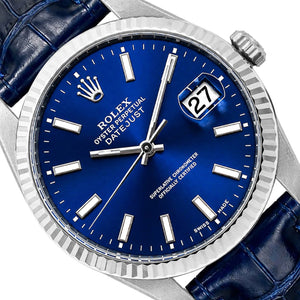 36mm Rolex Datejust 16014 Blue Dial 18K White Gold Bezel Blue Leather Band Watch