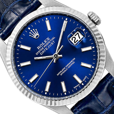 36mm Rolex Datejust 16014 Blue Dial 18K White Gold Bezel Blue Leather Band Watch