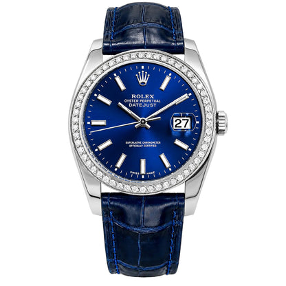 36mm Rolex Datejust 16014 18K White Gold Diamond Bezel Blue Dial Leather Watch