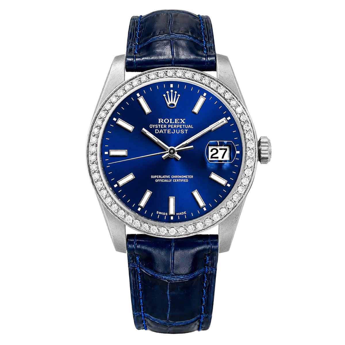 36mm Rolex Datejust 16014 18K White Gold Diamond Bezel Blue Dial Leather Watch