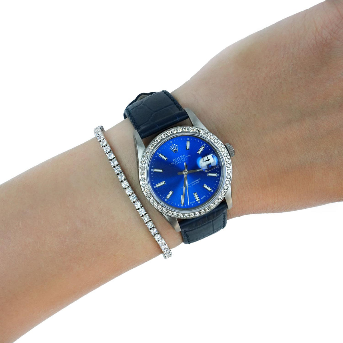 36mm Rolex Datejust 16014 18K White Gold Diamond Bezel Blue Dial Leather Watch