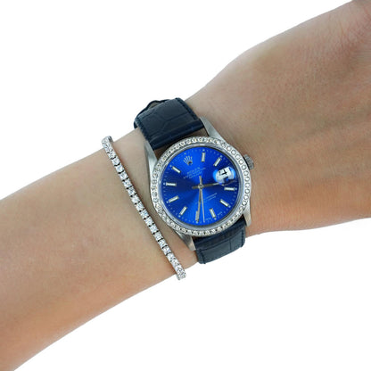 36mm Rolex Datejust 16014 18K White Gold Diamond Bezel Blue Dial Leather Watch