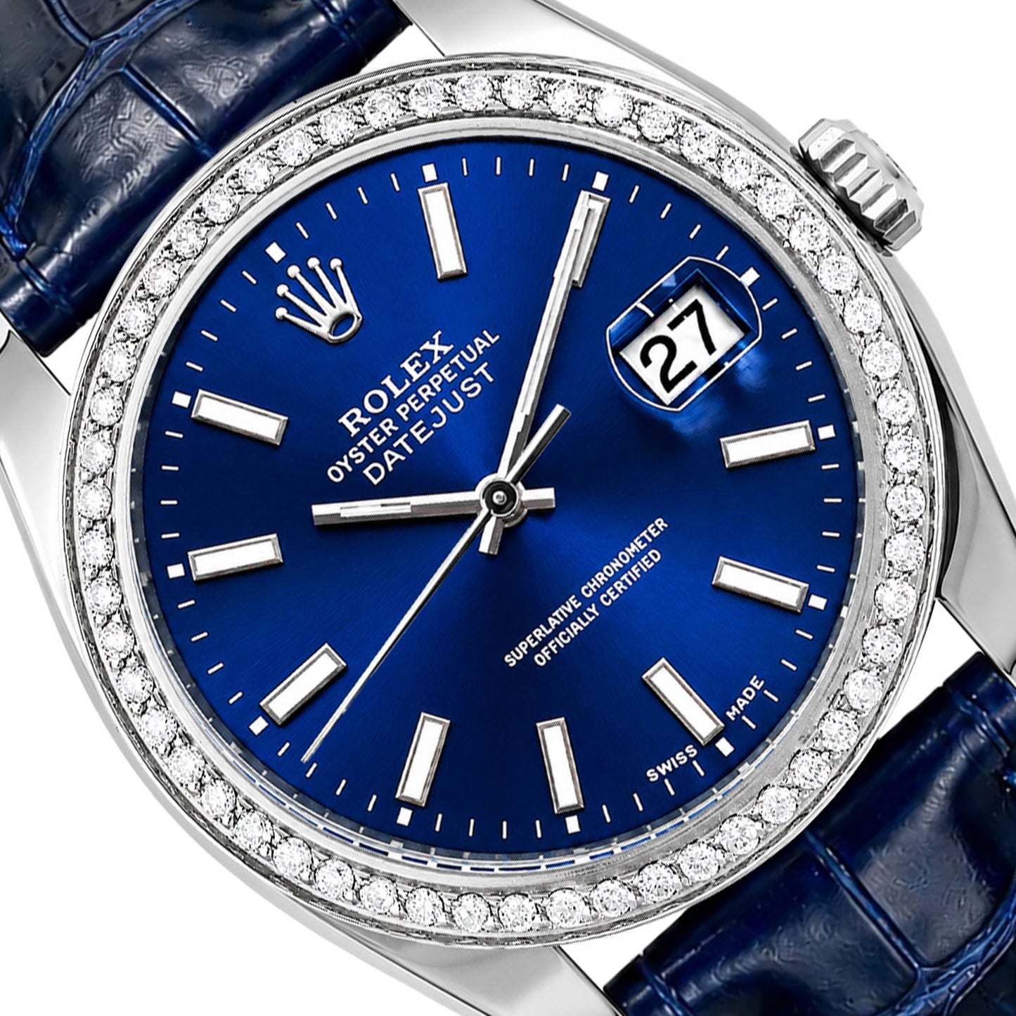 36mm Rolex Datejust 16014 18K White Gold Diamond Bezel Blue Dial Leather Watch