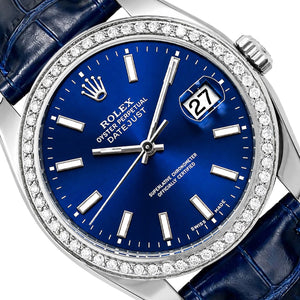 36mm Rolex Datejust 16014 18K White Gold Diamond Bezel Blue Dial Leather Watch