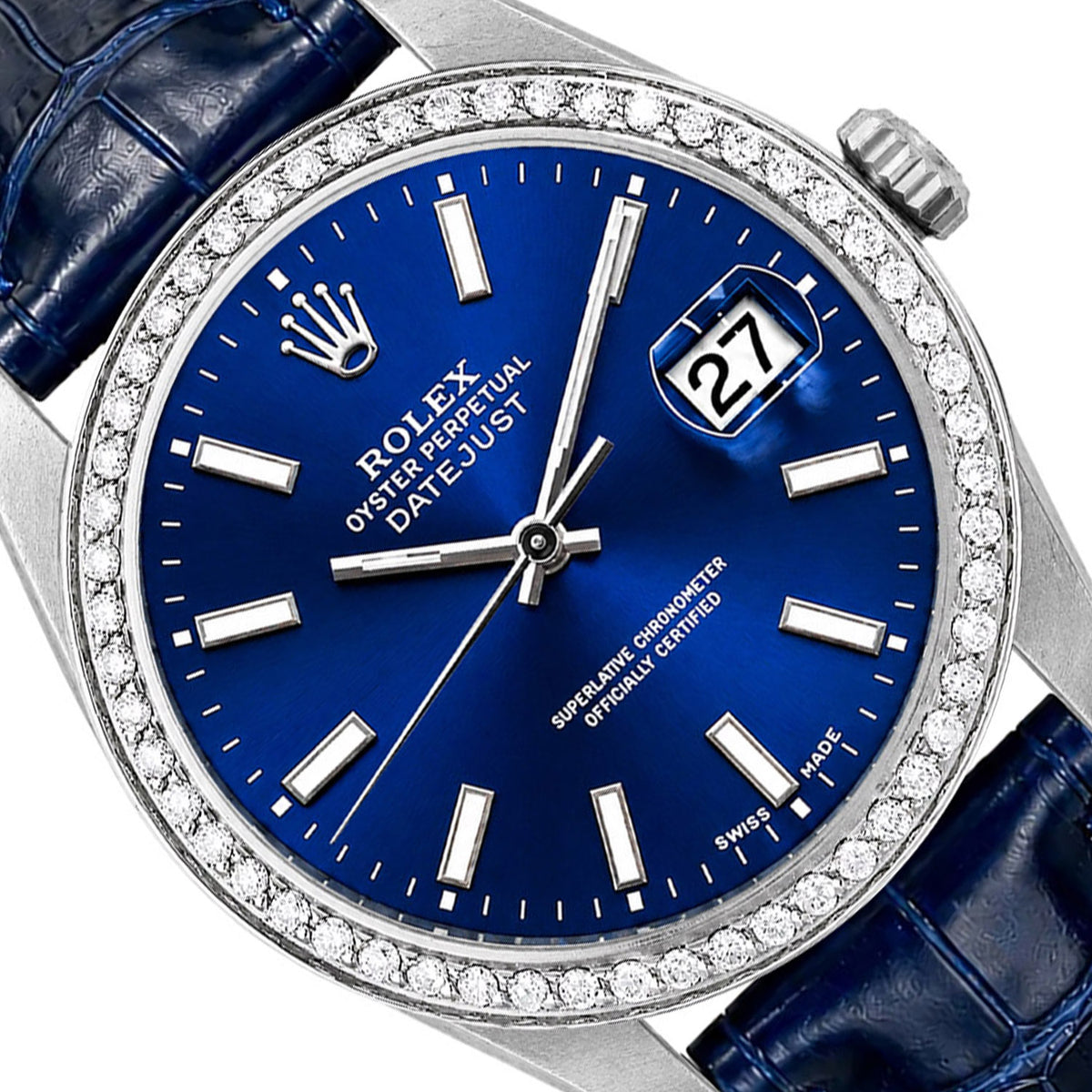 36mm Rolex Datejust 16014 18K White Gold Diamond Bezel Blue Dial Leather Watch