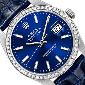 36mm Rolex Datejust 16014 18K White Gold Diamond Bezel Blue Dial Leather Watch