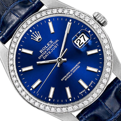 36mm Rolex Datejust 16014 18K White Gold Diamond Bezel Blue Dial Leather Watch