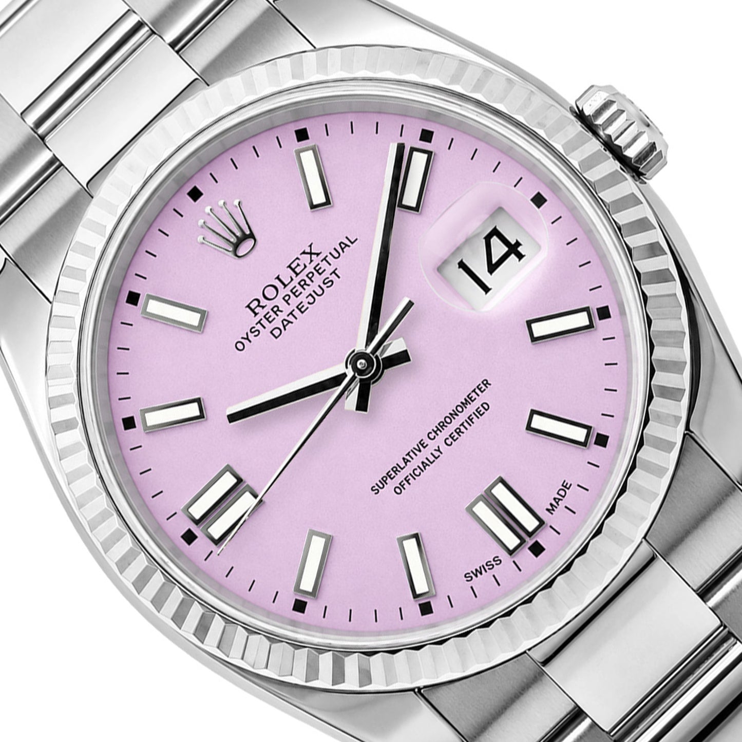 Rolex Datejust 36mm 16014 18K Gold Fluted Bezel Custom Candy Pink Dial Oyster Watch