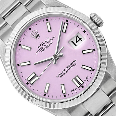 Rolex Datejust 36mm 16014 18K Gold Fluted Bezel Custom Candy Pink Dial Oyster Watch