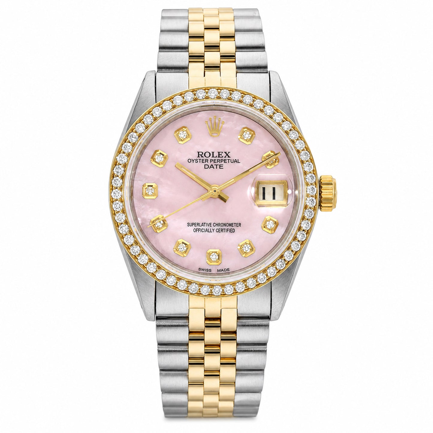 Rolex Date 1500 34mm Pink MOP Diamond Dial Steel Ladies Watch