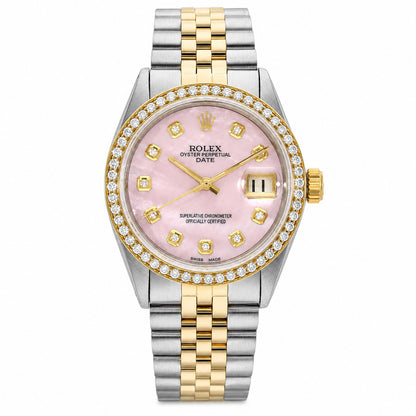 Rolex Date 1500 34mm Pink MOP Diamond Dial Steel Ladies Watch