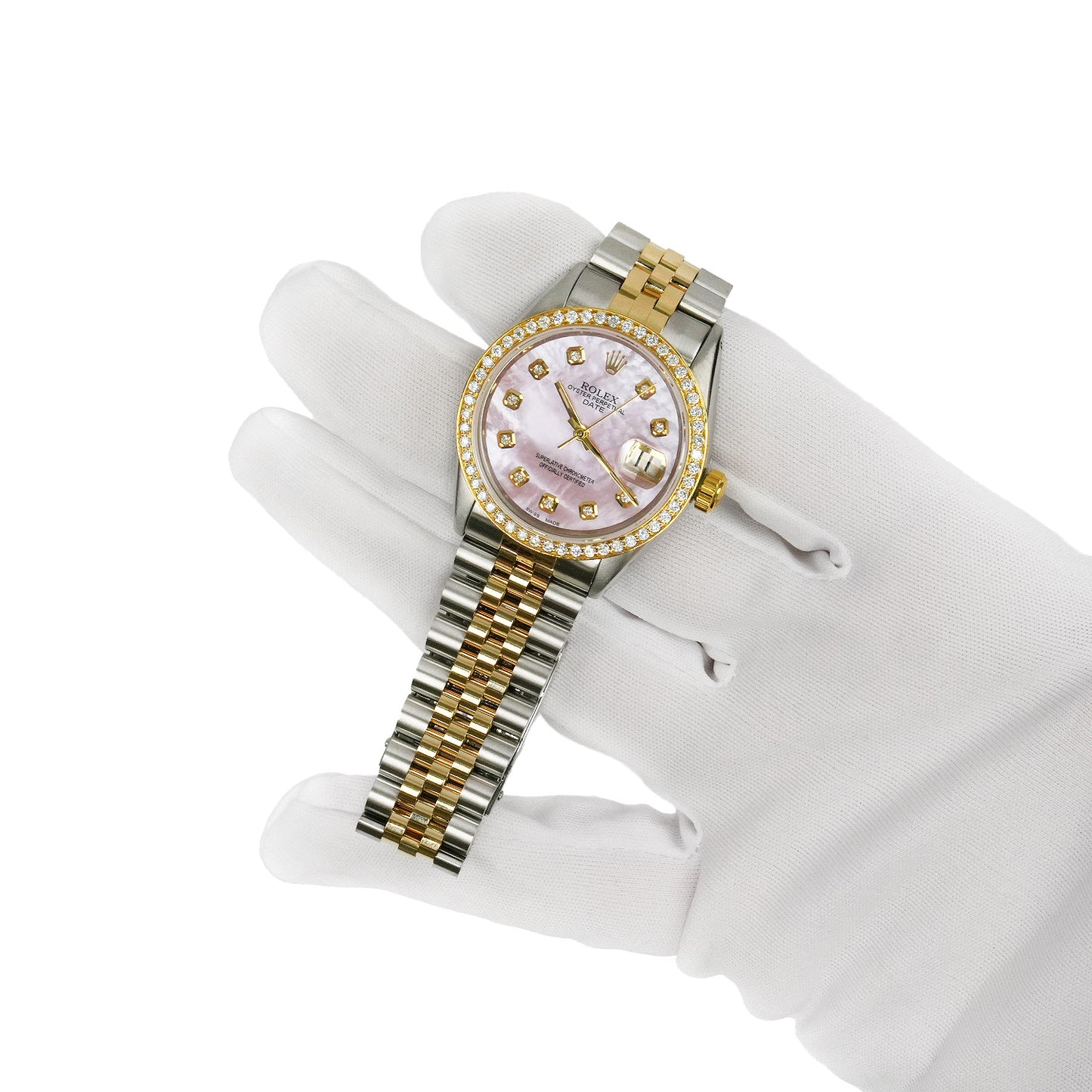 Rolex Date 1500 34mm Pink MOP Diamond Dial Steel Ladies Watch
