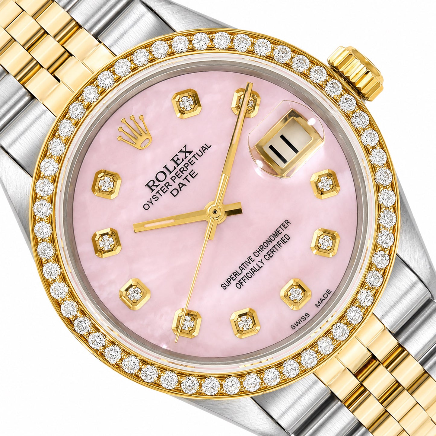 Rolex Date 1500 34mm Pink MOP Diamond Dial Steel Ladies Watch