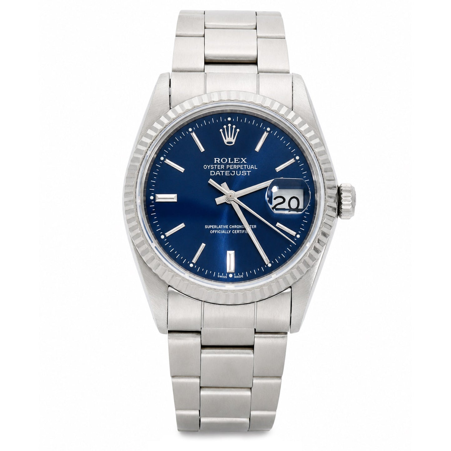 36mm Rolex Datejust 16014 18K White Gold Fluted Bezel Blue Dial Oyster Watch