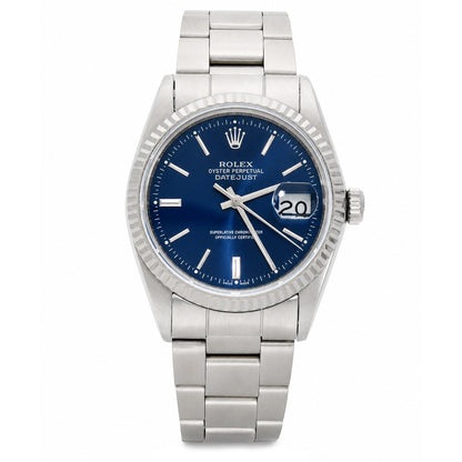 36mm Rolex Datejust 16014 18K White Gold Fluted Bezel Blue Dial Oyster Watch