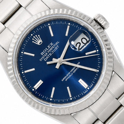 36mm Rolex Datejust 16014 18K White Gold Fluted Bezel Blue Dial Oyster Watch