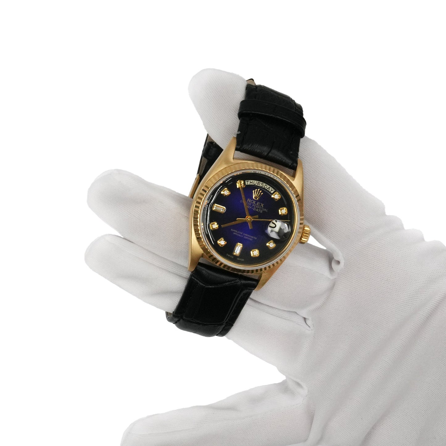 36mm Rolex Day-Date 1703 18k Gold Bezel Ombre Blue Dial Black Leather Band Watch