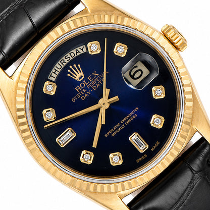 36mm Rolex Day-Date 1703 18k Gold Bezel Ombre Blue Dial Black Leather Band Watch