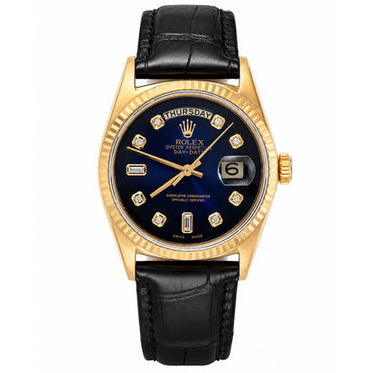 36mm Rolex Day-Date 1703 18k Gold Bezel Ombre Blue Dial Black Leather Band Watch