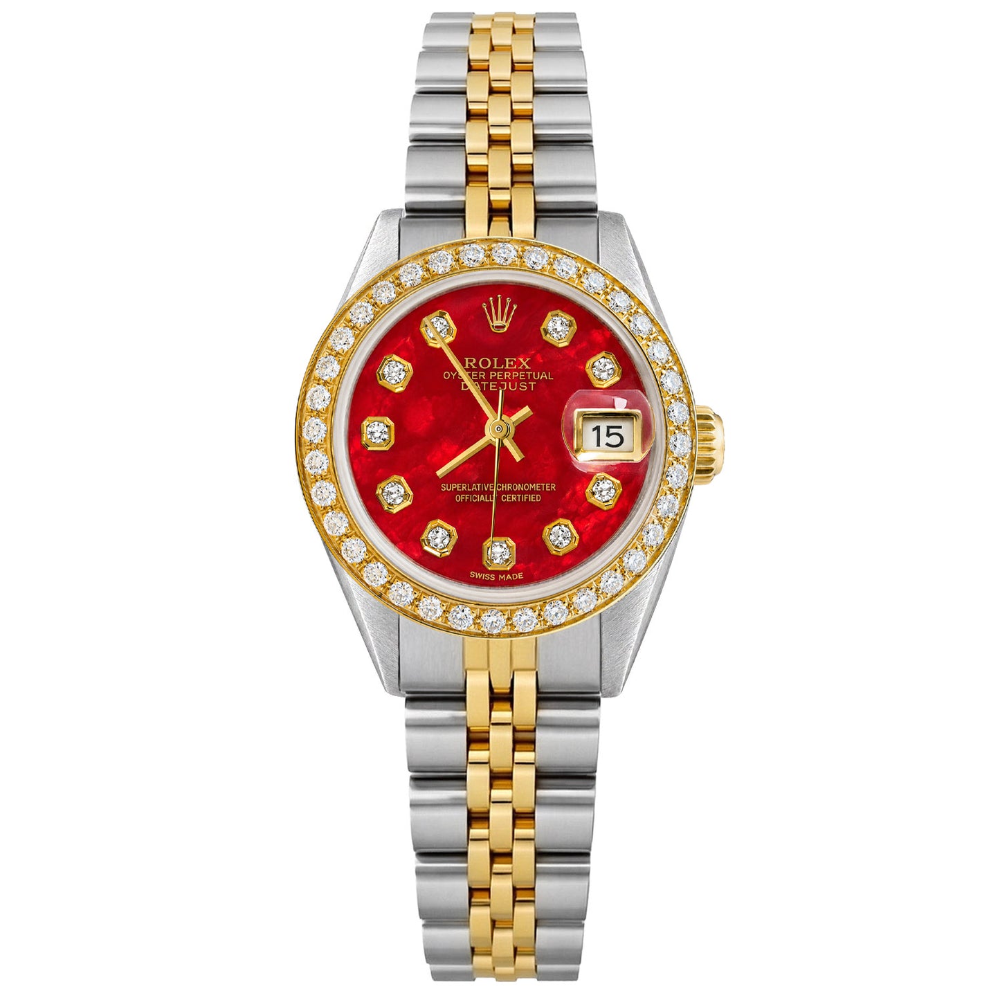 26mm Rolex Datejust 6917 Red MOP Dial Diamond Bezel Jubilee Band Watch