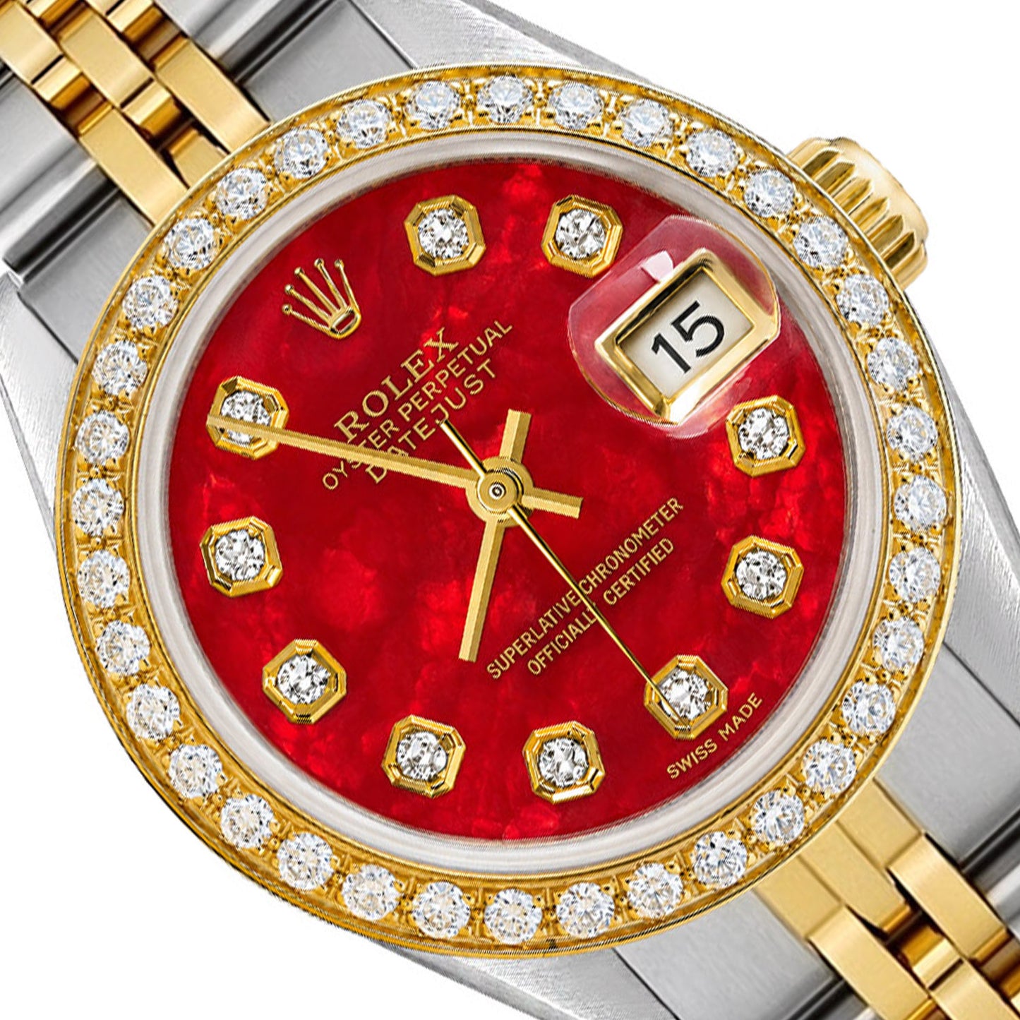 26mm Rolex Datejust 6917 Red MOP Dial Diamond Bezel Jubilee Band Watch