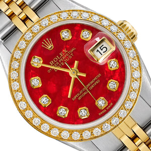 26mm Rolex Datejust 6917 Red MOP Dial Diamond Bezel Jubilee Band Watch