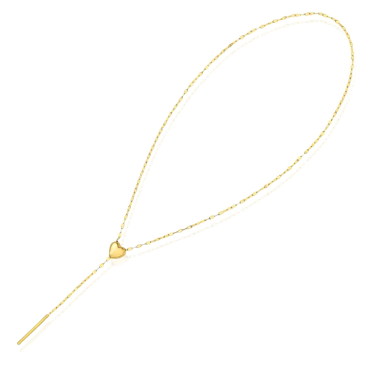 14K Yellow Gold Heart Mirror Lariat 2mm Necklace Adjustable 20"
