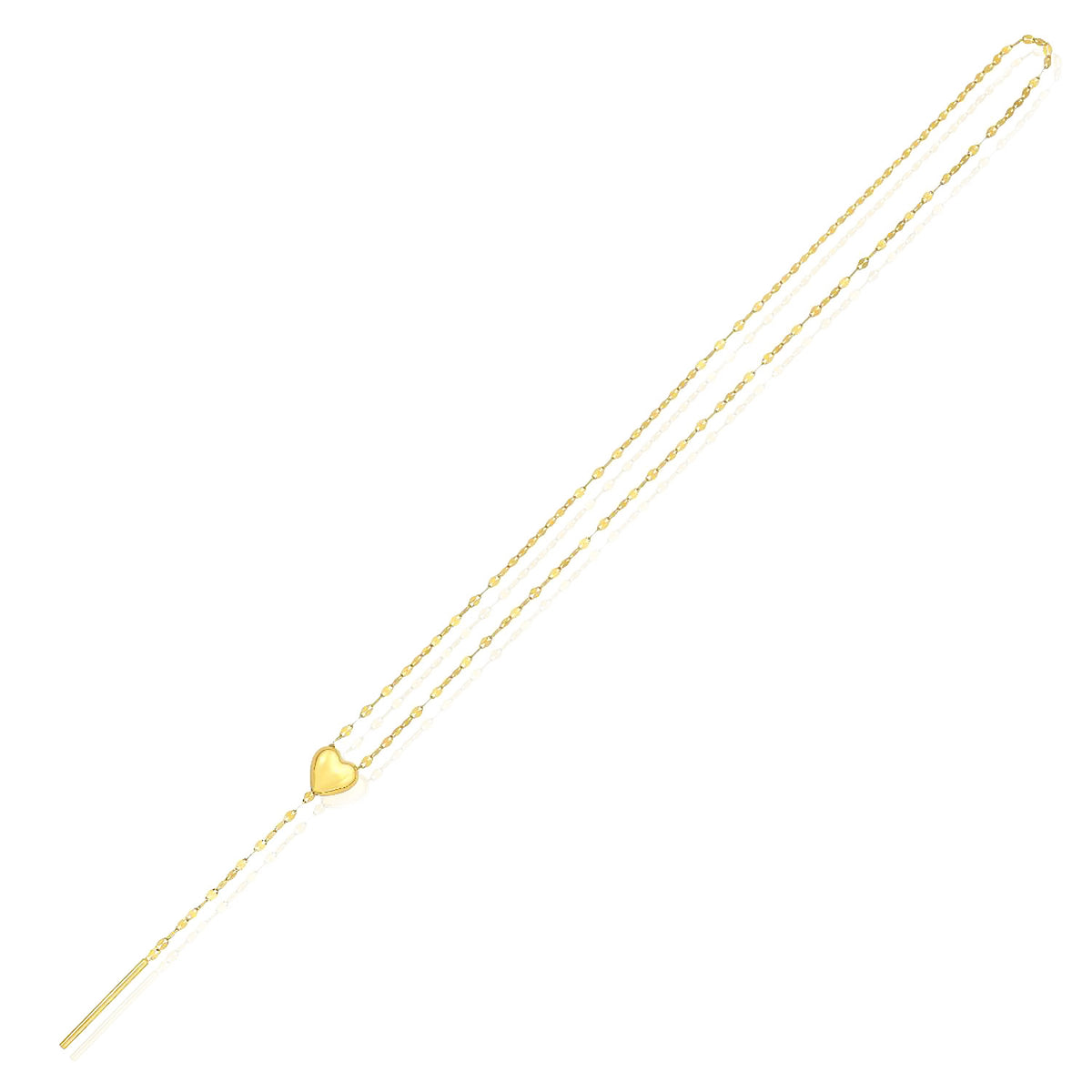 14K Yellow Gold Heart Mirror Lariat 2mm Necklace Adjustable 20"