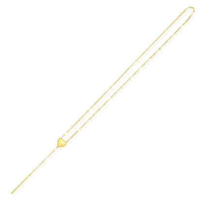14K Yellow Gold Heart Mirror Lariat 2mm Necklace Adjustable 20"