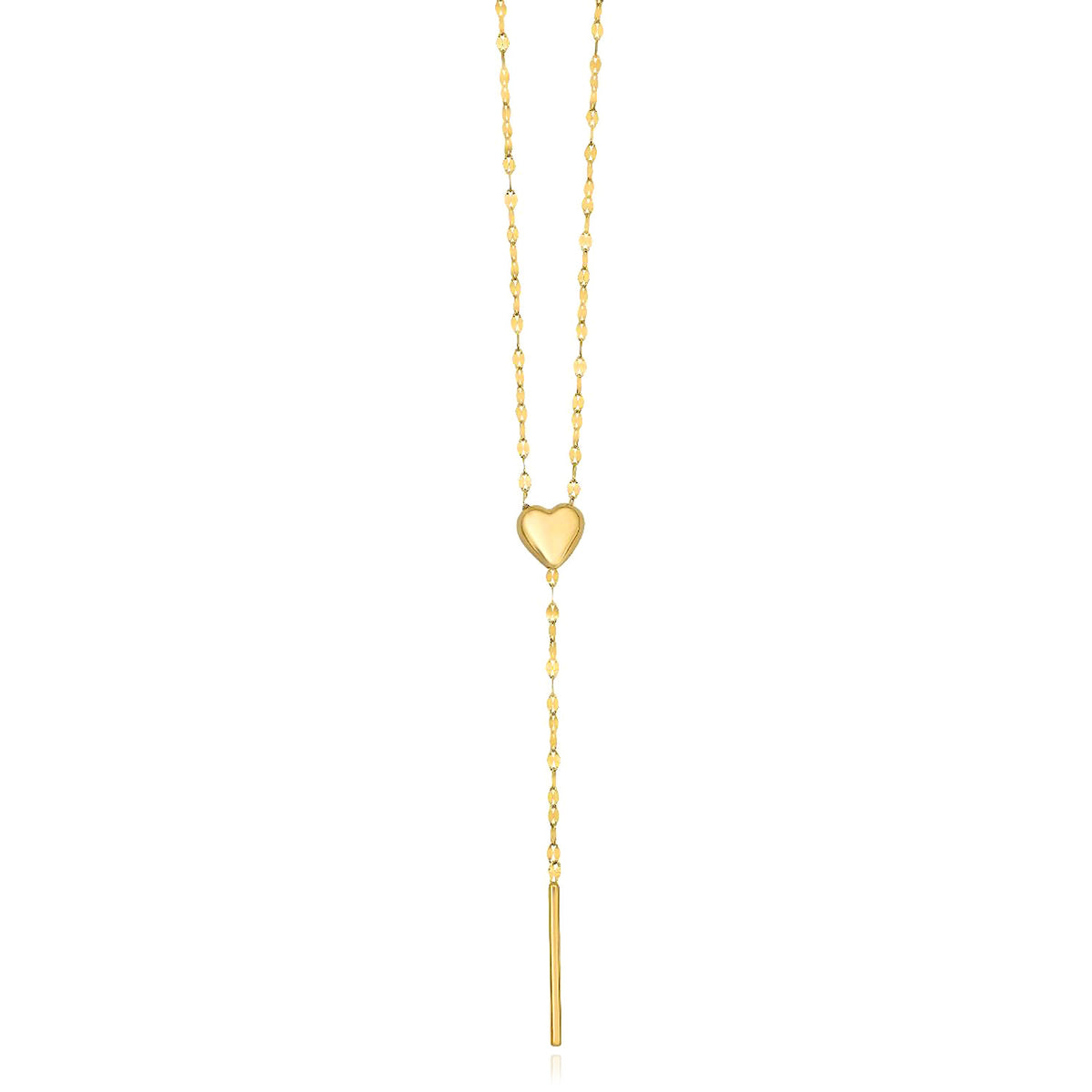 14K Yellow Gold Heart Mirror Lariat 2mm Necklace Adjustable 20"