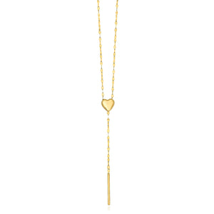 14K Yellow Gold Heart Mirror Lariat 2mm Necklace Adjustable 20"