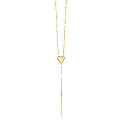 14K Yellow Gold Heart Mirror Lariat 2mm Necklace Adjustable 20"
