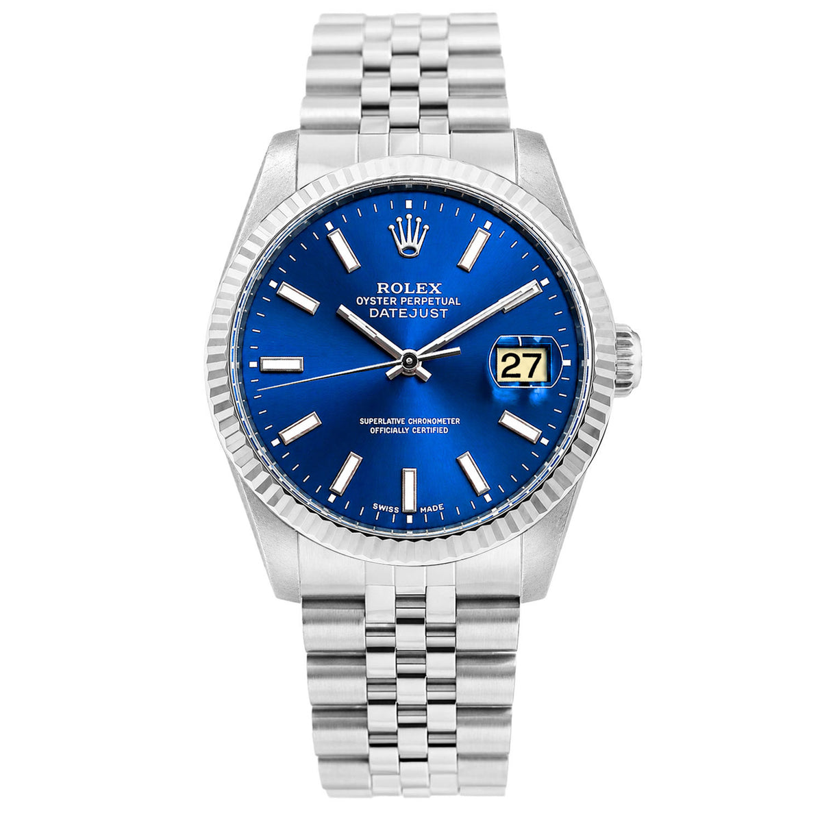 36mm Rolex Datejust 16014 18K White Gold Fluted Bezel Blue Dial Jubilee Watch